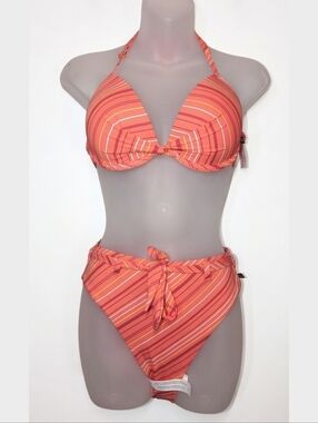 la Vie en Rose Aqua Striped Bikini Set High Waist Belted Bottoms Push Up Top M/S